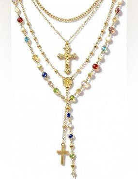 4PCS Layered Gold Cross Necklaces Trendy Bohemian Beaded Pearl Necklace Set